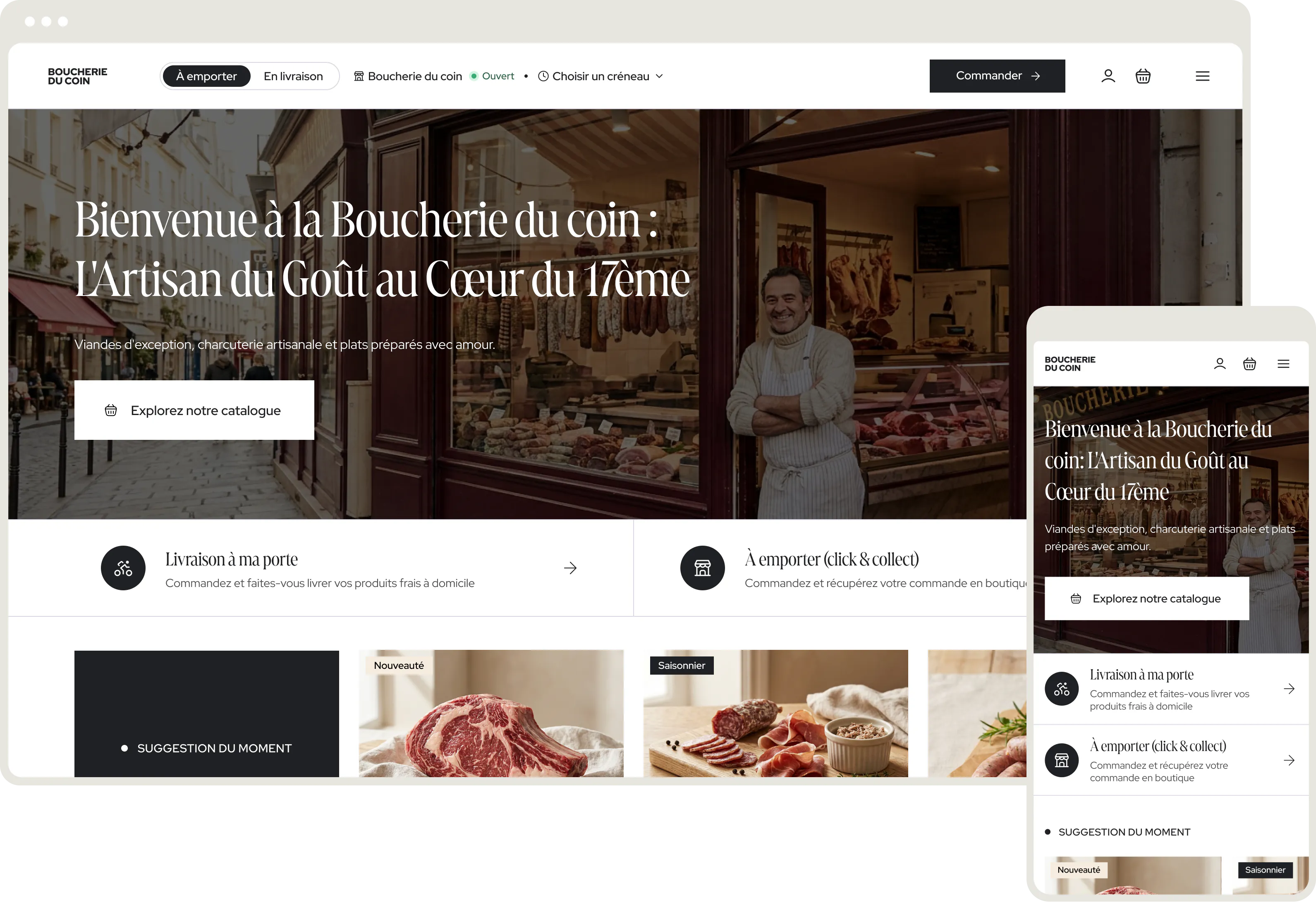 La boutique en ligne d'un commerçant Delicery, sur ordinateur et sur mobile.
