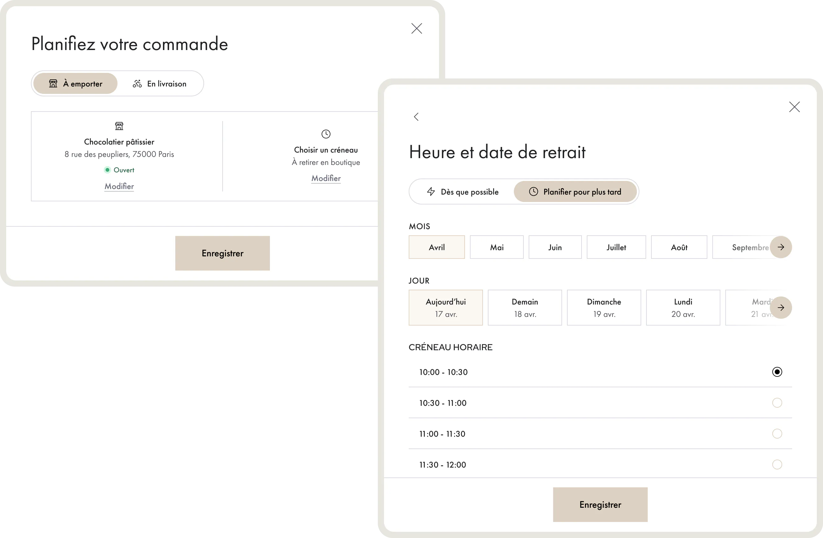 Le choix entre retrait et livraison, puis la sélection du créneau, sur la boutique en ligne
