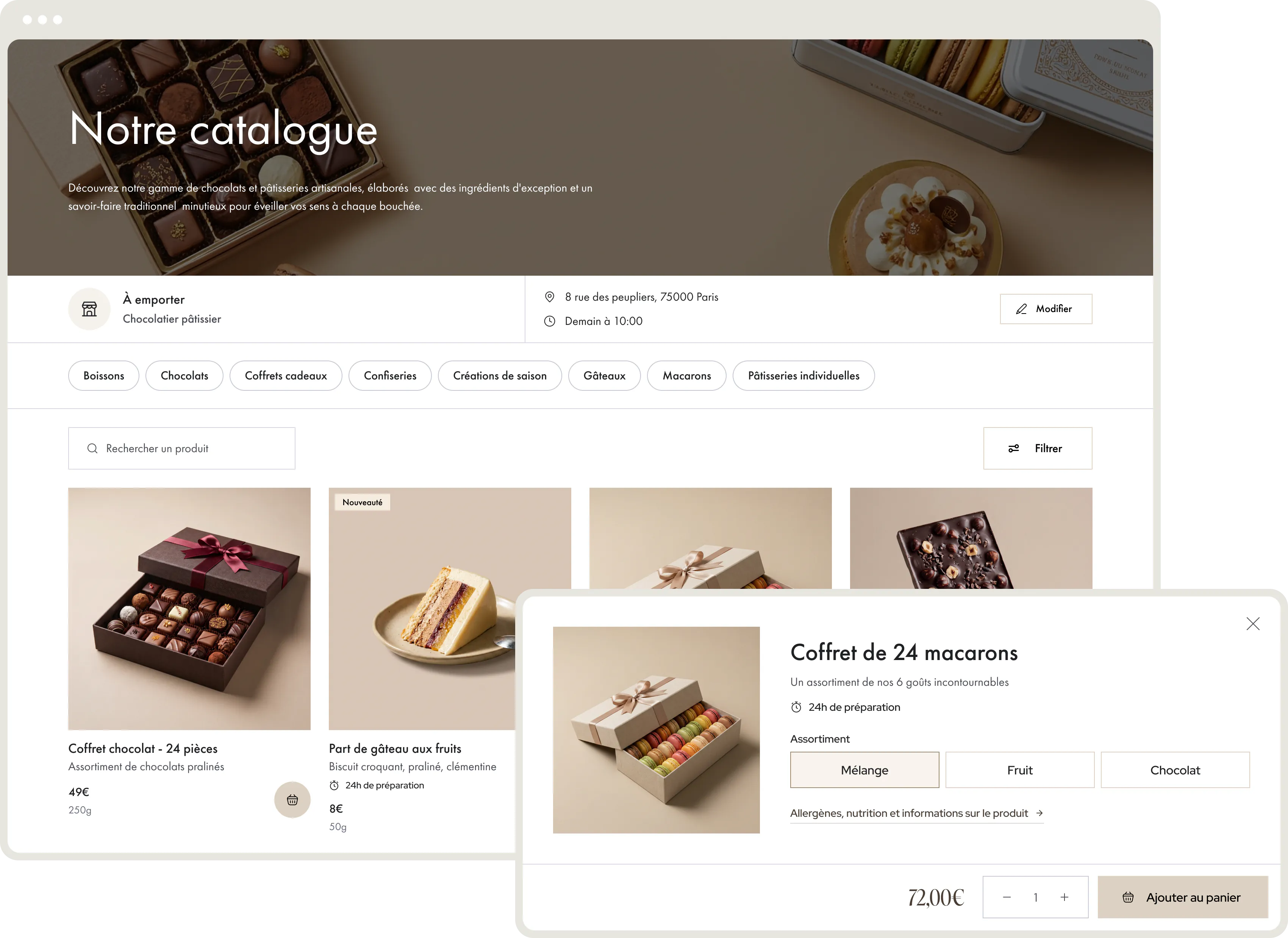 Le catalogue d'un chocolatier sur sa boutique en ligne Delicery