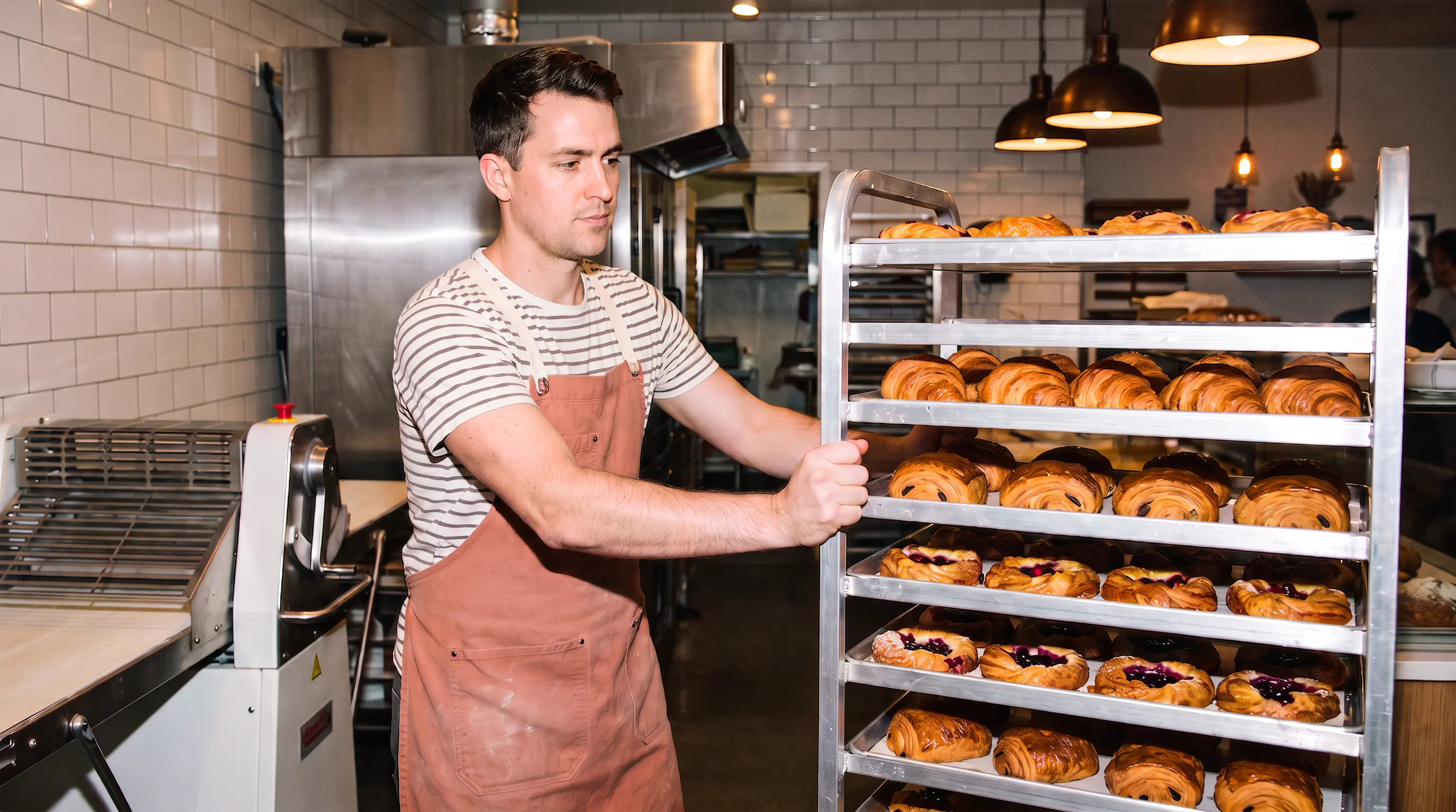 Un boulanger pousse une échelle de viennoiseries dans son fournil